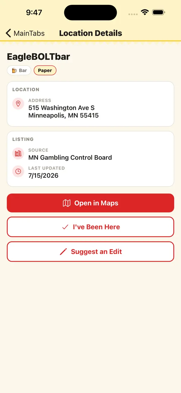 Pull Tab Finder venue detail screen